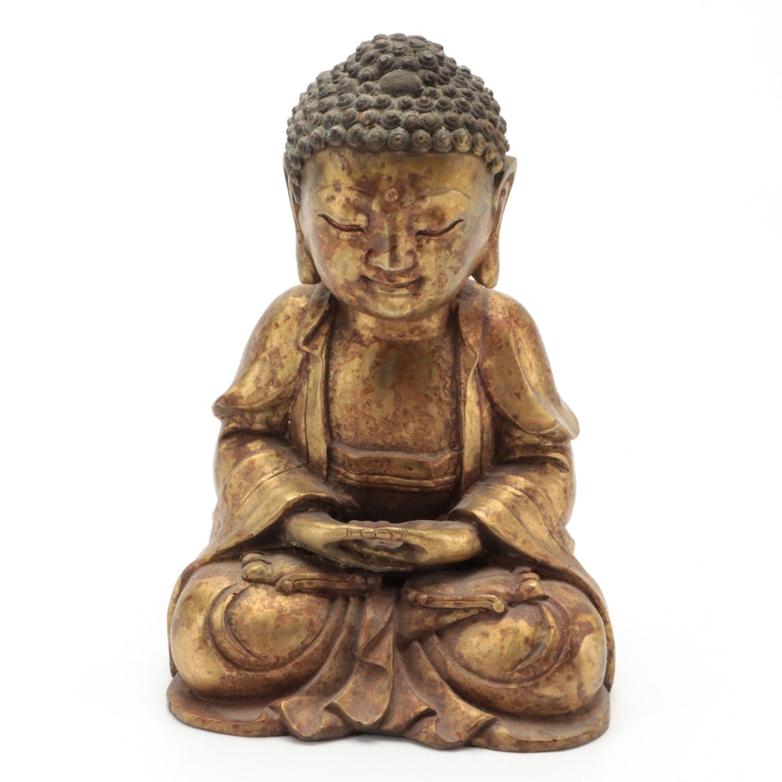 Chinese Gilt Cast Brass Buddha Sculpture in Dhyana Mudra
