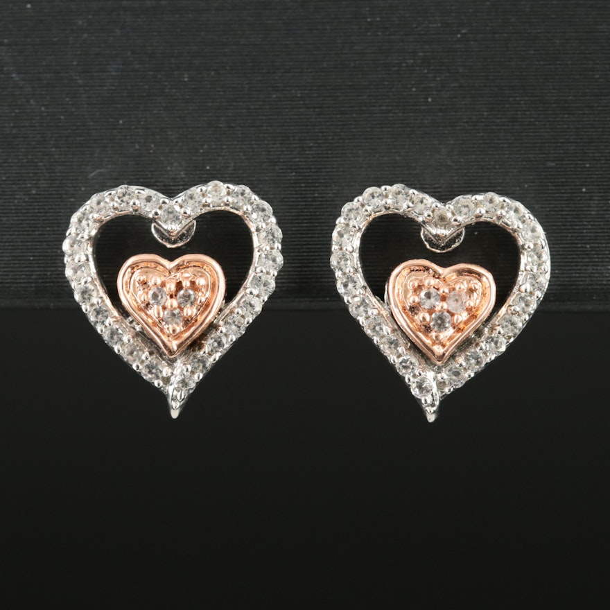 Sterling Sapphire Heart Earrings with 10K Rose Gold Accent