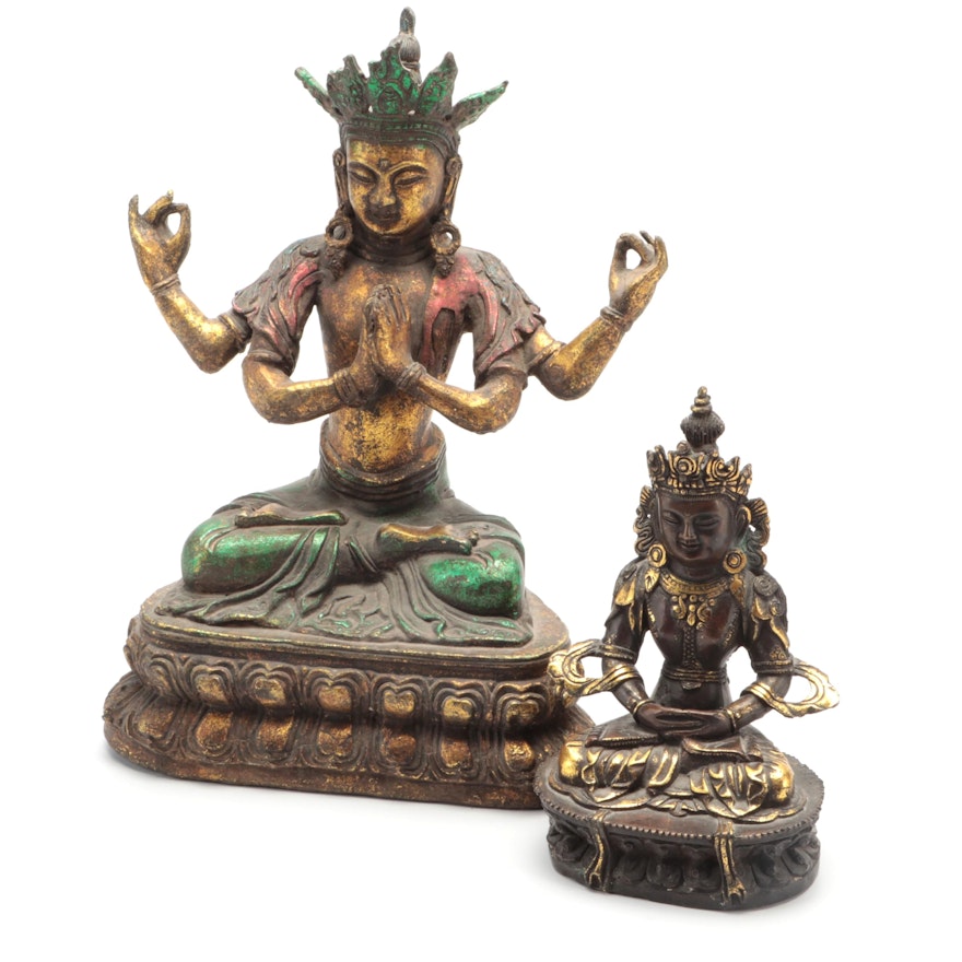 Tibetan Buddhist Cast Metal Deity and Amitabha Buddha Sculptures