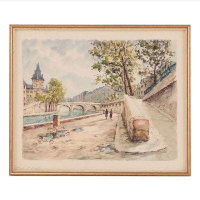 Watercolor Painting of Parisian Landscape "Pont St. Michel"