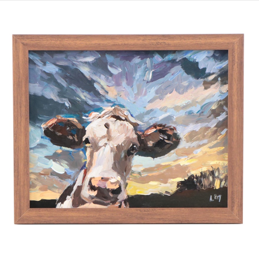 Agnes Rey Cow Portrait Oil Painting "Head in the Clouds," 2023