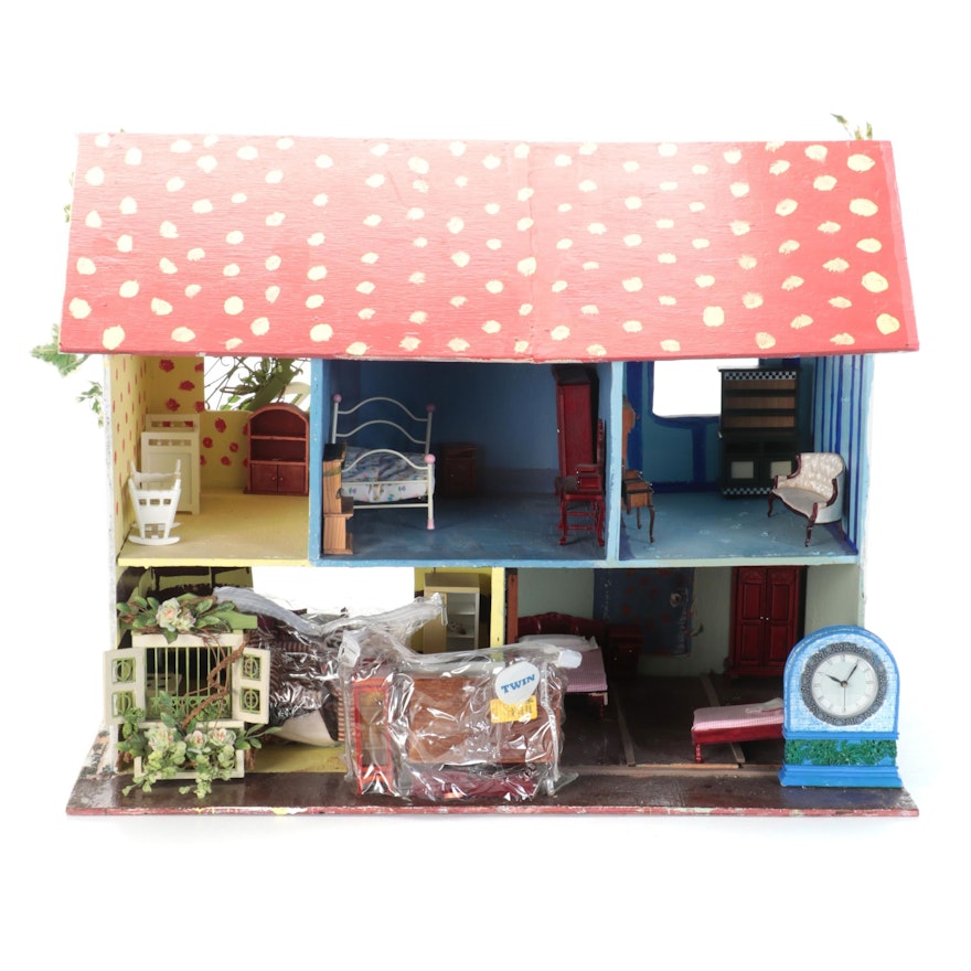 Hand-Painted Wooden Dollhouse With Furniture and Accessories