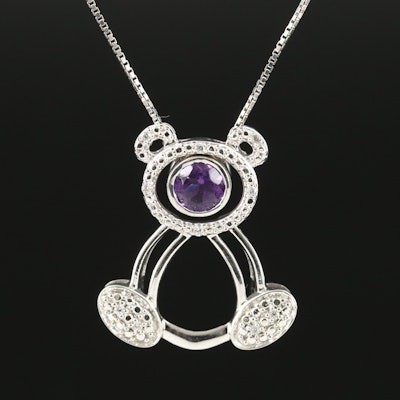 Sterling Amethyst and Cubic Zirconia Bear Pendant Necklace