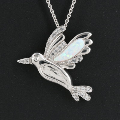 Sterling Opal and Sapphire Hummingbird Pendant Necklace