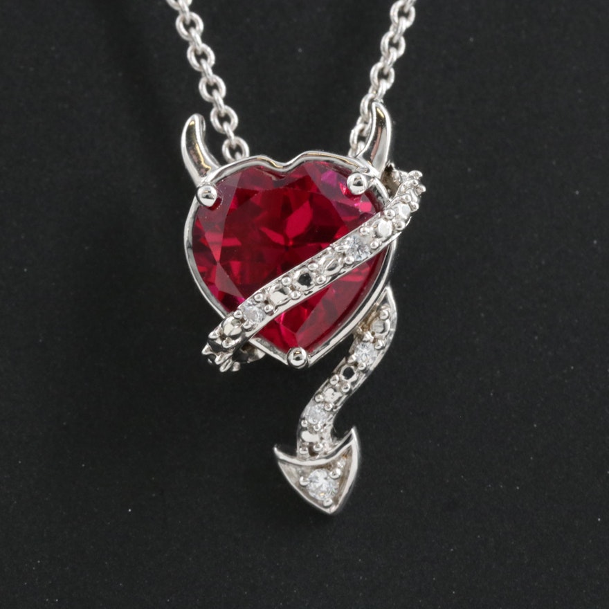 Sterling Ruby and Cubic Zirconia Devil Heart Pendant Necklace