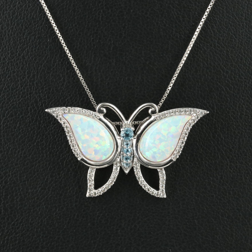 Sterling Opal, Topaz and Sapphire Butterfly Pendant Necklace