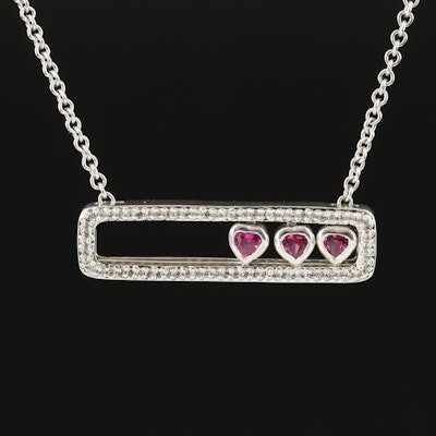 Sterling Ruby and White Sapphire Bar Brooch Necklace with Heart Trio Sliders