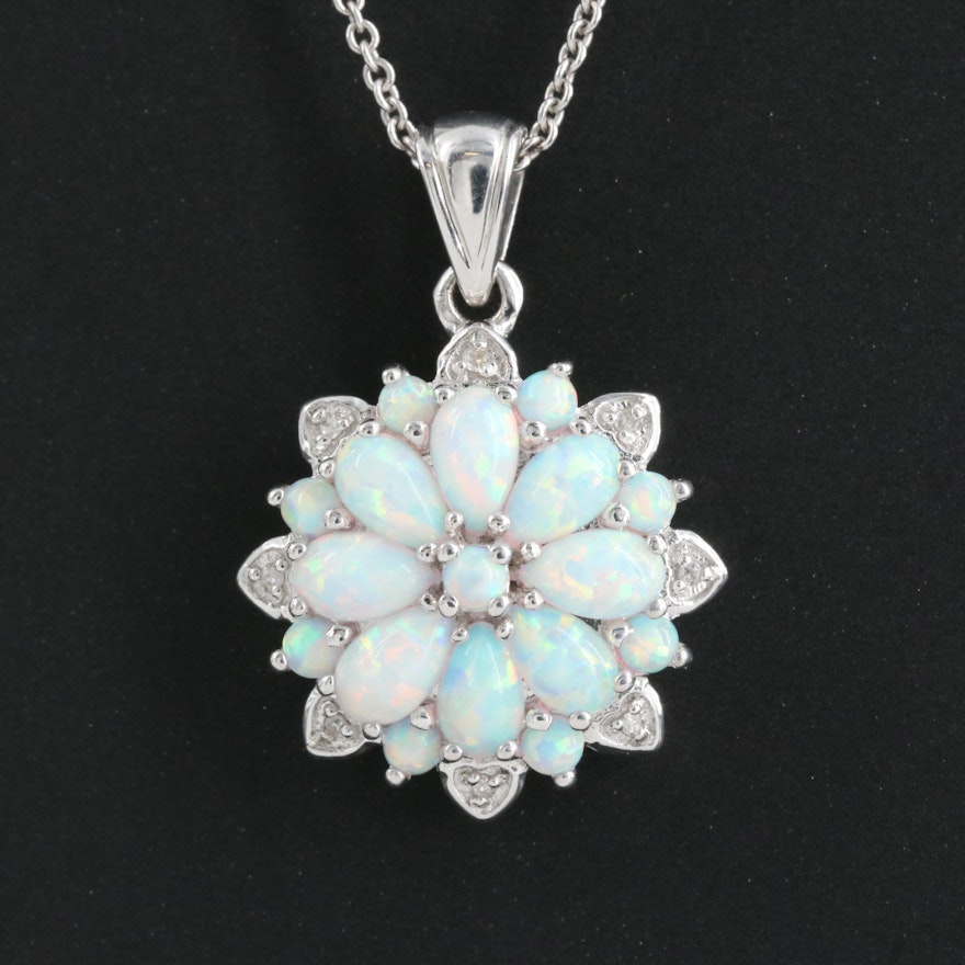 Sterling Opal and Diamond Pendant Necklace