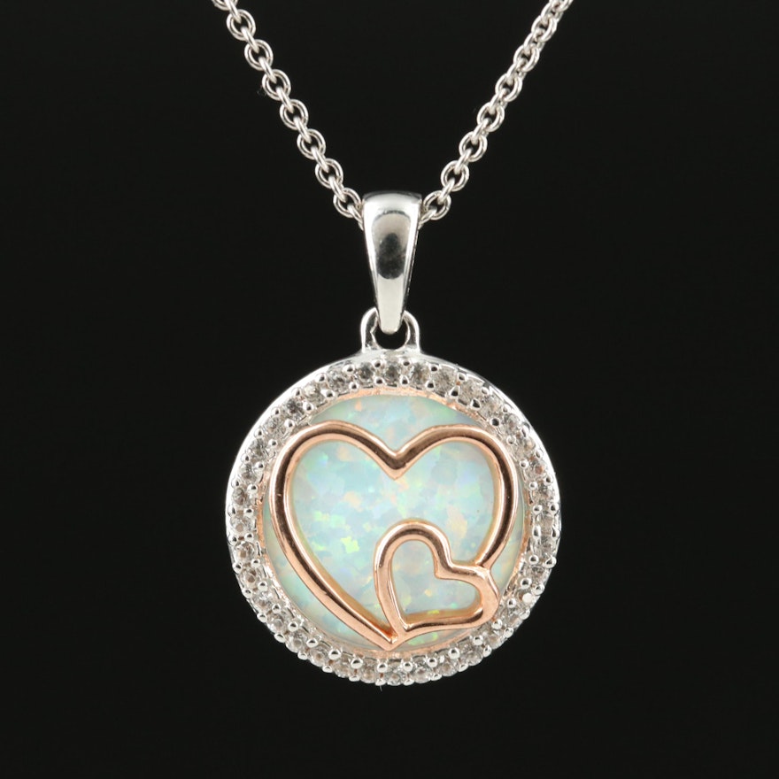 Sterling Opal and Sapphire Double Heart Pendant Necklace