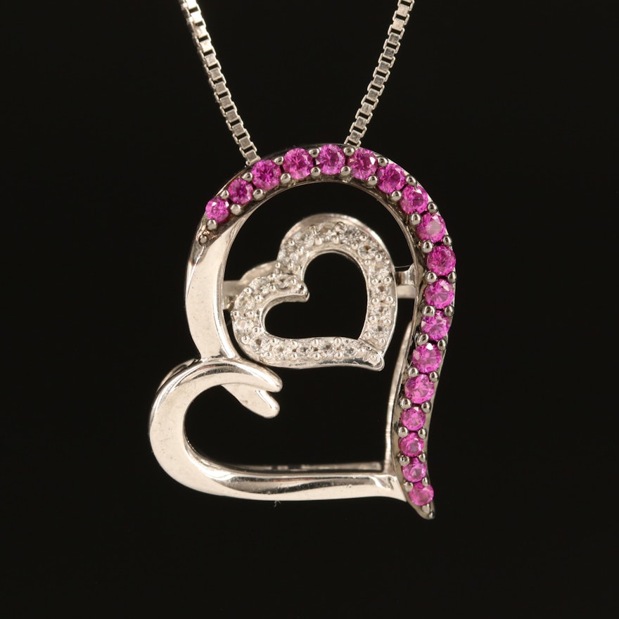 Sterling Ruby and White Sapphire Heart Shimmer Pendant Necklace