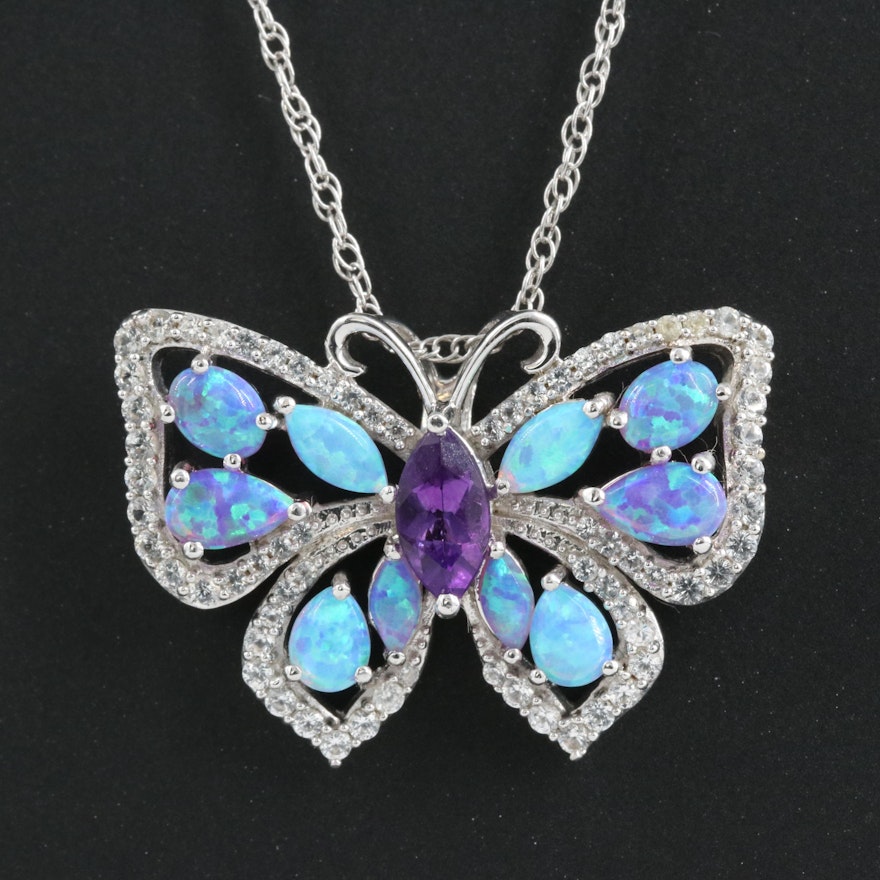 Sterling Amethyst, Opal and Sapphire Butterfly Pendant Necklace