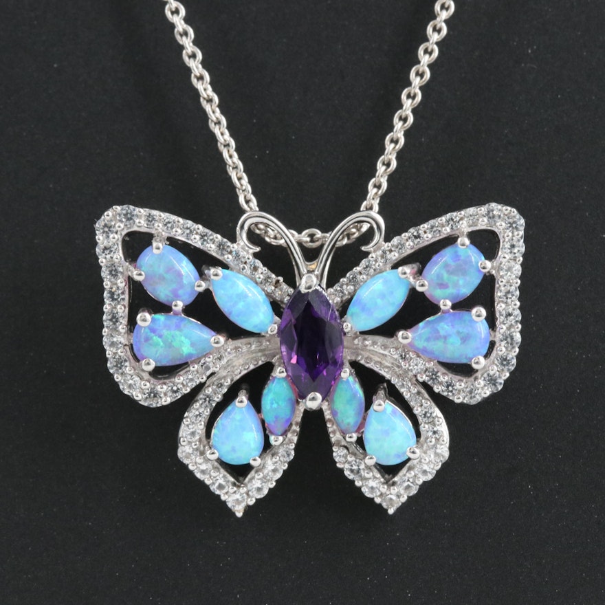 Sterling Amethyst, Opal and Sapphire Butterfly Pendant Necklace