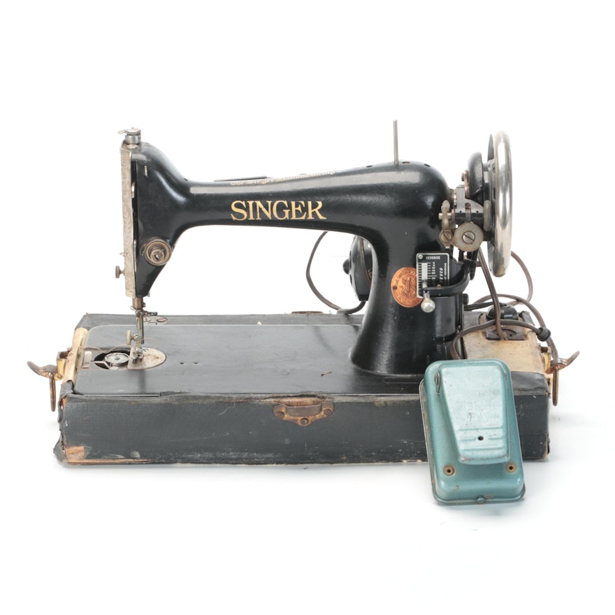 Singer Electric Sewing Machine with Cabinet Mount, Pedal, Early to Mid 20th C.