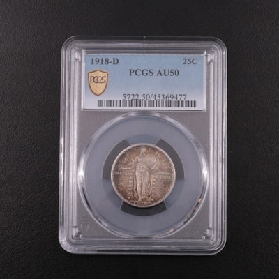 PCGS Graded AU50 1918-D Standing Liberty Silver Quarter