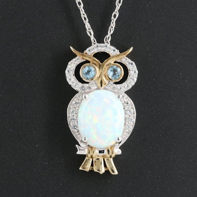Sterling Opal, Aquamarine and Sapphire Owl Pendant Necklace