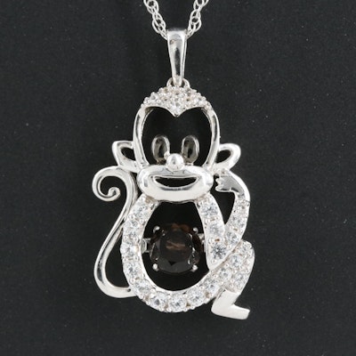 Sterling Smoky Quartz and Sapphire Monkey Pendant Necklace