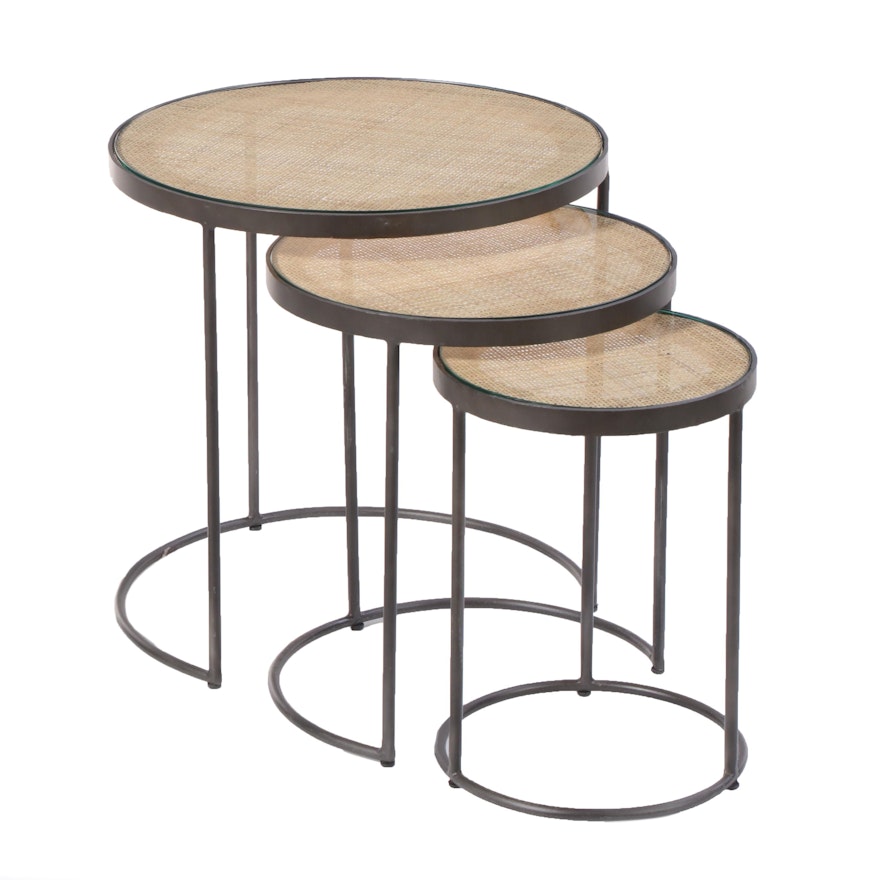 Contemporary Woven Cane Top Metal Nesting Tables
