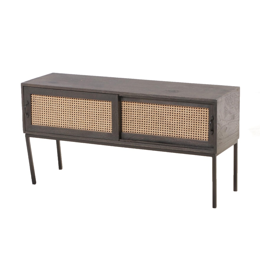Contemporary Caned Front Ebonized Wood Cabinet on Metal Frame