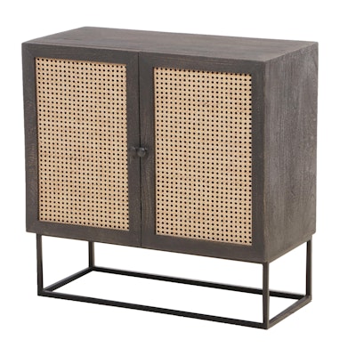Modern Ebonized Wood, Caned and Metal Cabinet-on-Stand