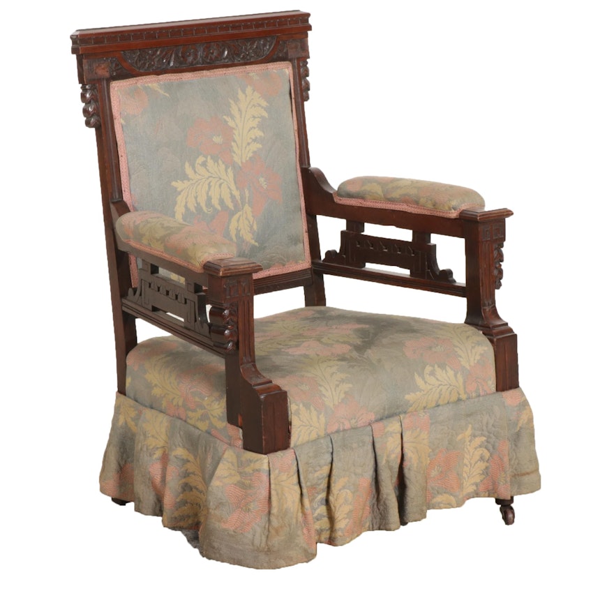 Victorian Eastlake Walnut and Custom-Upholstered Armchair, Late 19th Century
