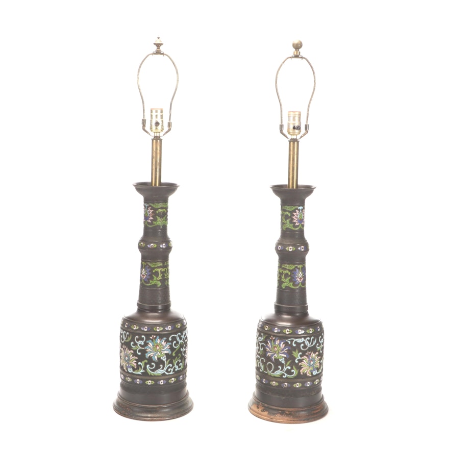 Frederick Cooper Japanese Champlevé Bronze Mallet-Shaped Vase Table Lamps