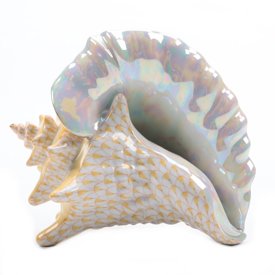 Herend Butterscotch Fishnet With Gold "Conch Shell" Porcelain Figurine, 2001