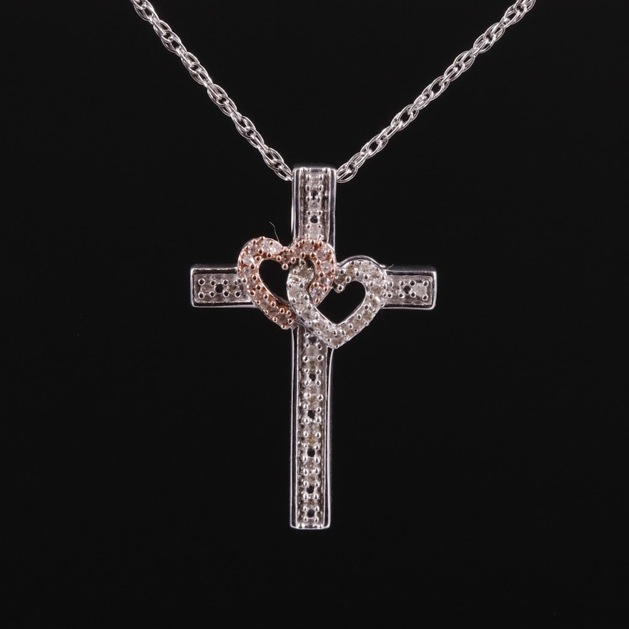 Sterling Diamond Cross Pendant Necklace with 10K Accent