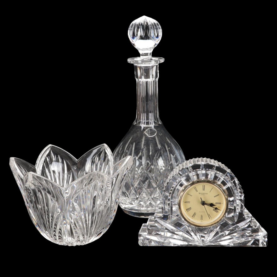 Waterford Crystal Desk Clock with Marquis "Greenbriar"  Bowl and Other Decanter