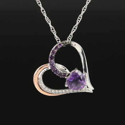 Sterling Amethyst and Topaz Heart Pendant Necklace with 10K Rose Gold Accent