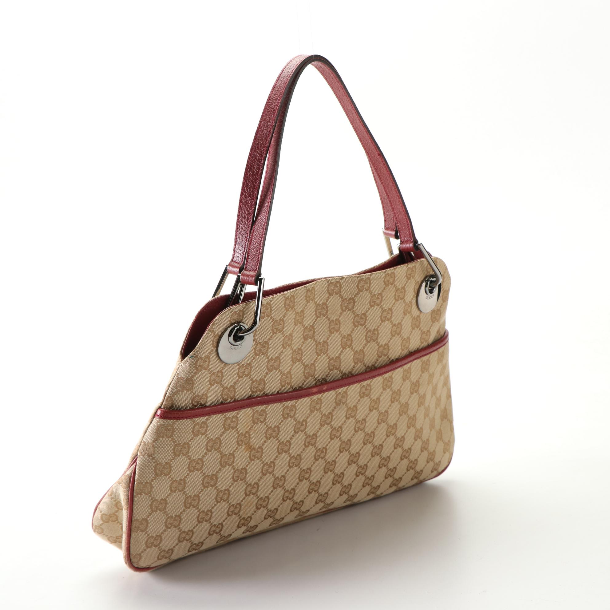Gucci Eclipse Shoulder Bag in GG Canvas with Red Cinghiale Leather Trim
