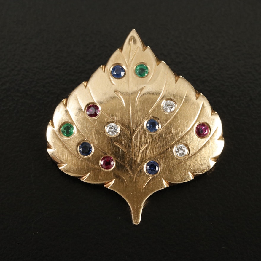 Vintage 14K Ruby, Sapphire, Emerald and Diamond Aspen Leaf Brooch