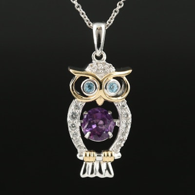 Sterling Amethyst, Sky Blue Topaz and White Sapphire Owl Pendant Necklace