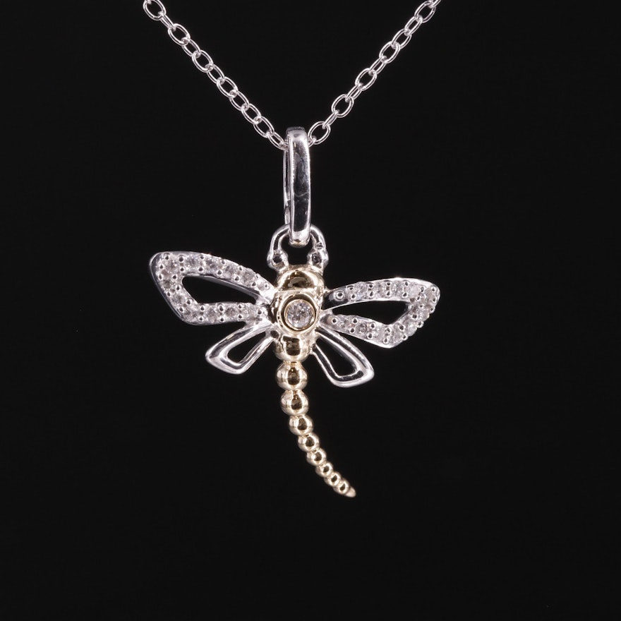 Sterling Diamond Dragonfly Pendant Necklace with 14K Accent