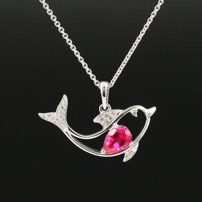 Sterling Ruby and White Sapphire Dolphin Pendant Necklace
