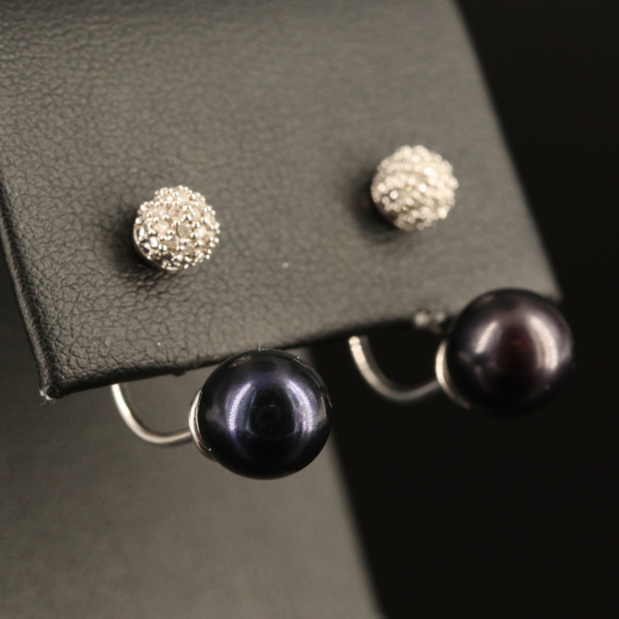 Sterling Diamond Stud Earrings with Pearl Enhancers