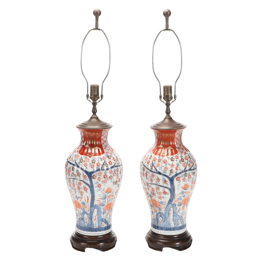 Pair of Japanese Imari Cherry Blossom Ribbed Porcelain Vase Table Lamps