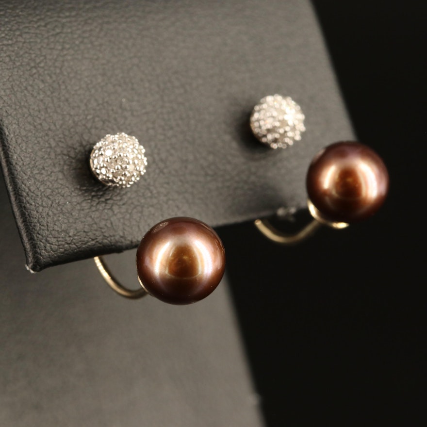 Sterling Diamond Stud Earrings with Pearl Enhancers