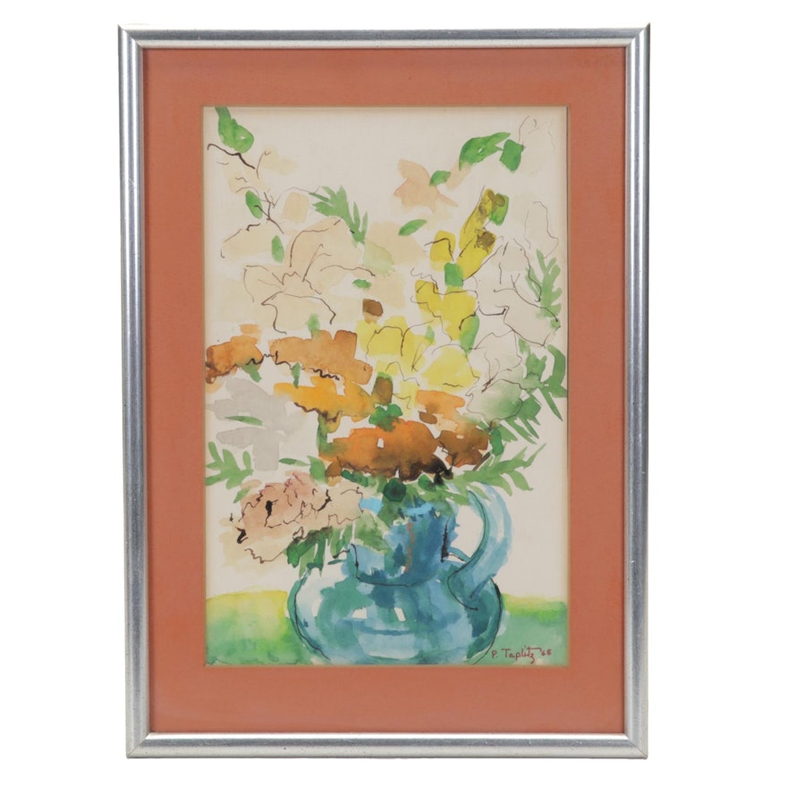Phyllis Taplitz Floral Still Life Watercolor Painting, 1968