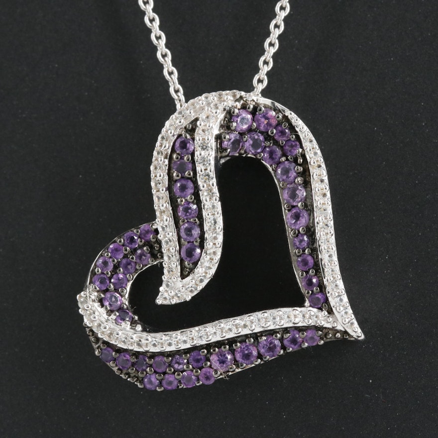 Italian Sterling Amethyst and Sapphire Heart Pendant Necklace