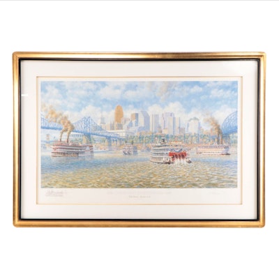 Frank McElwain Offset Lithograph of Cincinnati With Graphite Remarque