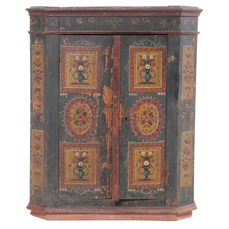 Northern European Paint-Decorated Pine Wardrobe, Dated 1844
