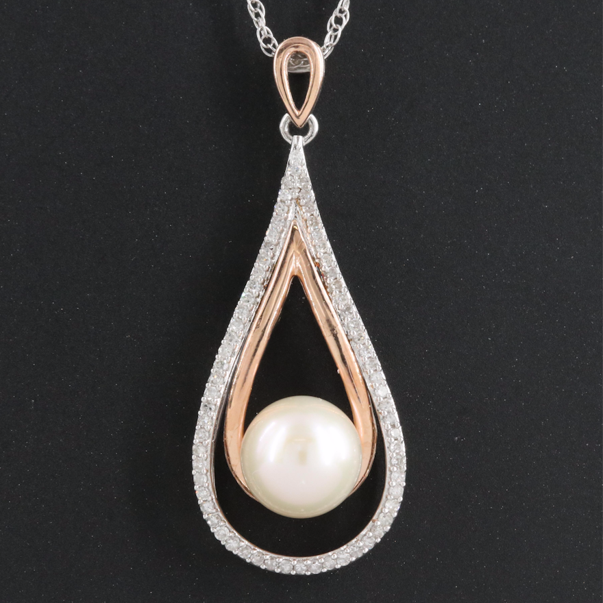 Sterling Pearl and Diamond Pendant Necklace with 14K Rose Gold Accents