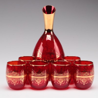 Murano Style Gilt Accented Ruby Glass Carafe and Tumblers, Mid to Late 20th C.