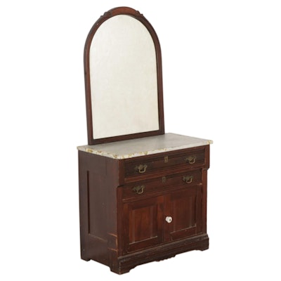 Late Victorian Walnut-Finish Marble Top Washstand with Later Wall Mirror