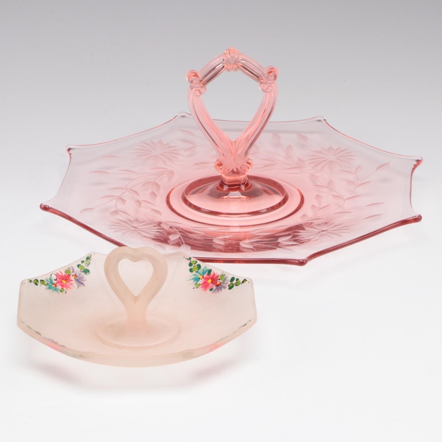 Pink Depression Glass and Pink Satin Glass Tidbit Tray, Mid-20th Century