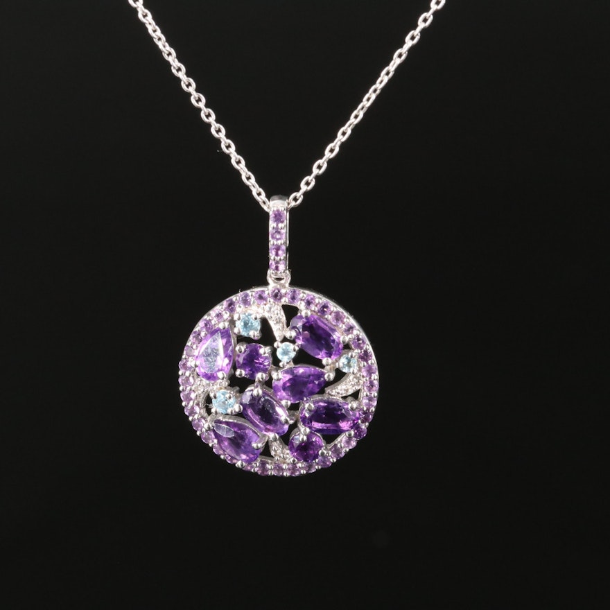 Sterling Amethyst, Sky Blue Topaz and White Sapphire Cluster Pendant Necklace