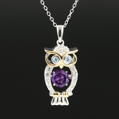 Sterling Amethyst, Sky Blue Topaz and White Sapphire Owl Shimmer Necklace