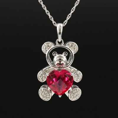 Sterling Ruby and White Sapphire Teddy Bear Pendant Necklace