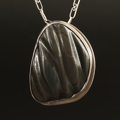 950 Silver Rainbow Obsidian Pendant on Sterling Necklace