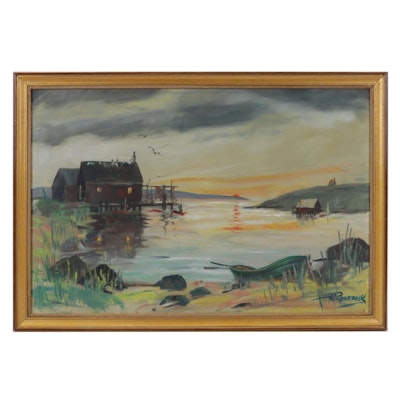 W. Rohrbeck Oil Painting of Small Bayside Docks at Sunset, Late 20th Century